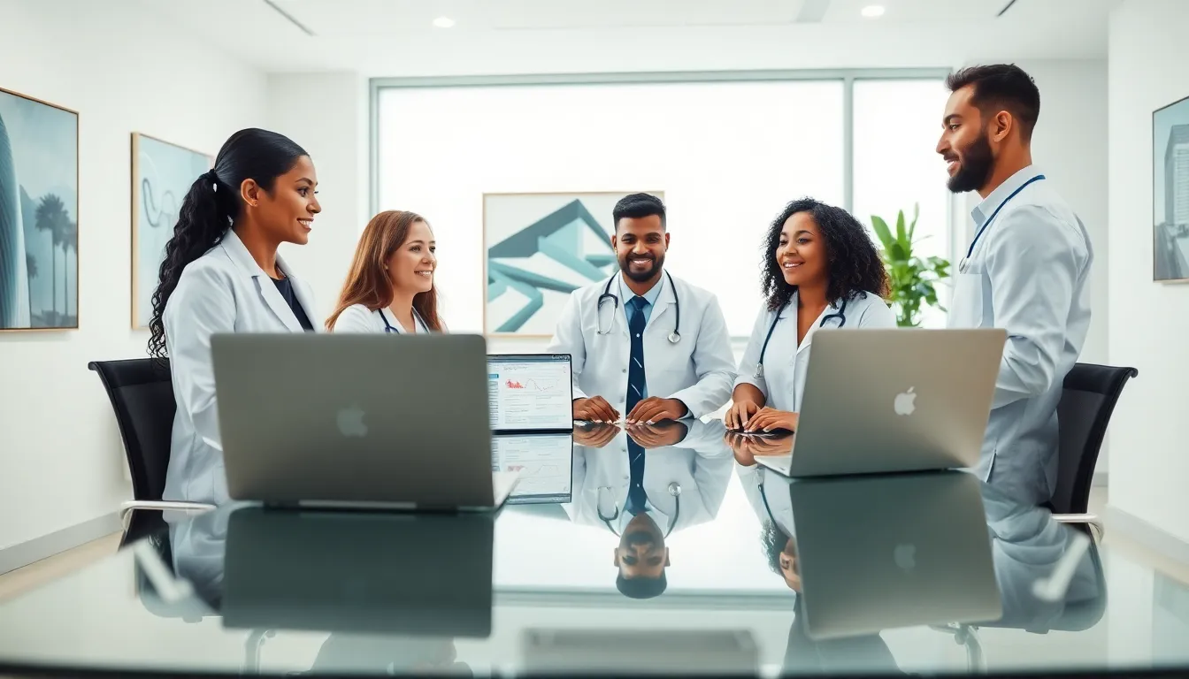 healthcare professionals discussing heart disease coding in a modern office.
